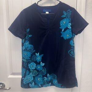 Blue Floral Women's Scrub Top